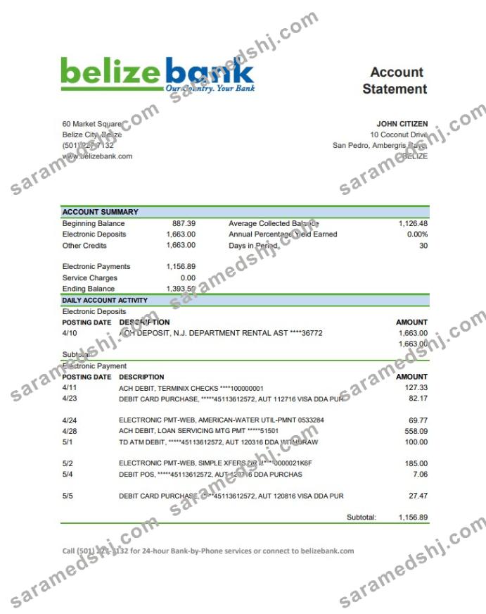 Belize Belizebank bank statement easy to fill template in .xls and .pdf file format